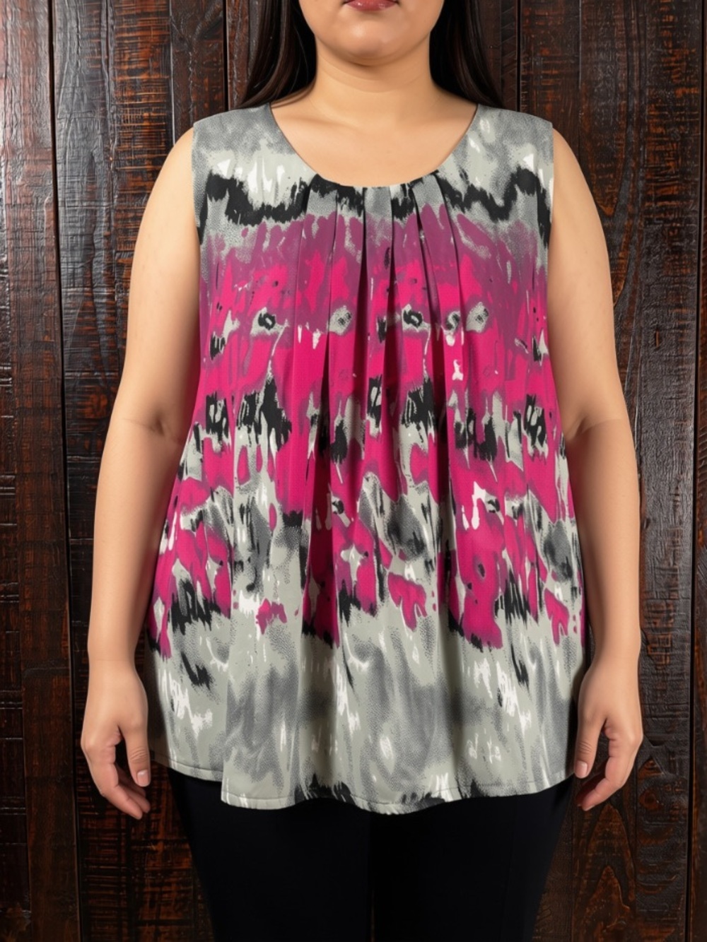 Junarose Plus Size Sleeveless Pink Abstract Print Pleated Women’s Top